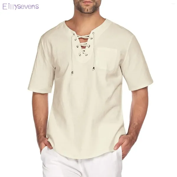 Chemises décontractées pour hommes Tops à capuche Fashion Line-manches courtes Blouse d'été Cotton Linn à crampons à cordon Tie à plage Camisas Caballero Caballero