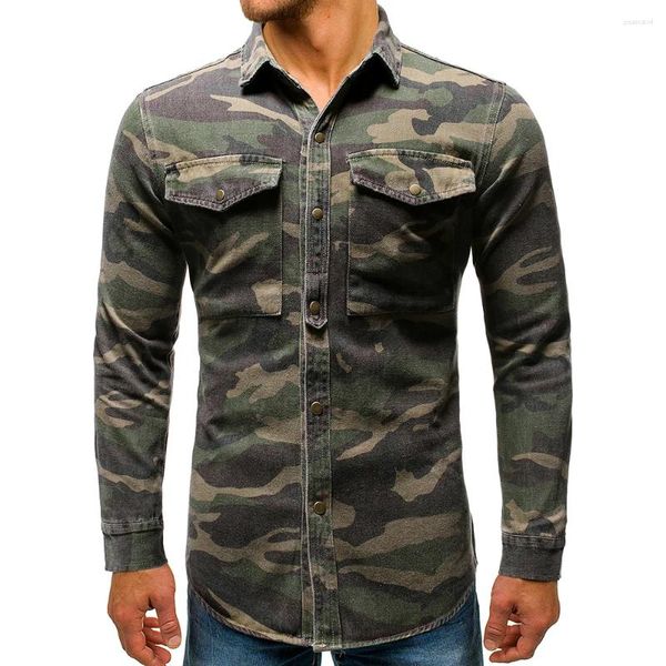 Chemises décontractées pour hommes Style de style dure de camouflage vert Camouflage en denim Longue manche Hombre Outdoor grimpe en jean Tops de haute qualité Coton