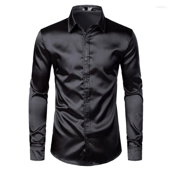 Chemises décontractées pour hommes TPJB noir Satin robe de luxe soie lisse hommes Chemise de smoking Slim Fit fête de mariage bal Chemise Homme