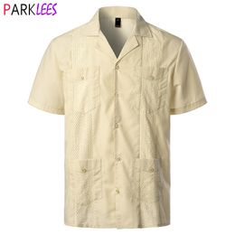 Casual shirts voor heren traditionele Cubaanse kampkraag Guayabera korte mouw geborduurde Mexicaanse Caribische stijlstrand met 4 pocket 230421