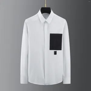 Casual overhemden voor heren Trendy merk zwart-wit zakpatchwork decoratief leren labeloverhemd voor modetrend met lange mouwen