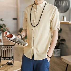 Camisas casuales para hombres Camisa de manga corta con botones y cuello alto de verano para hombres de moda Ropa de calle delgada de color sólido Traje Tang Hanfu Top