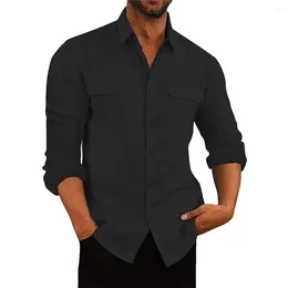 Chemises décontractées pour hommes Chemisier boutonné à la mode pour hommes Chemise ample à manches longues Col de bande pour diverses occasions