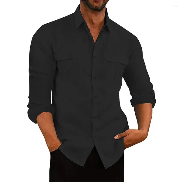 Chemises décontractées pour hommes Chemisier boutonné à la mode pour hommes Chemise ample à manches longues Col de bande pour diverses occasions