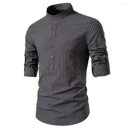 Freizeithemden für Herren, trendiges Stehkragen-Oberteil, gestreift, Slim-Fit-Business-Hemd mit Stehkragen, langärmelig, atmungsaktiv, formell für den Herbst