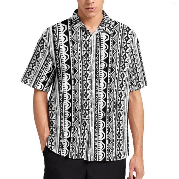 Camisas casuales para hombres Blusas con estampado tribal Hombre Raya blanca y negra Hawaiano Manga corta Gráfico Vintage Camisa de playa de gran tamaño Regalo