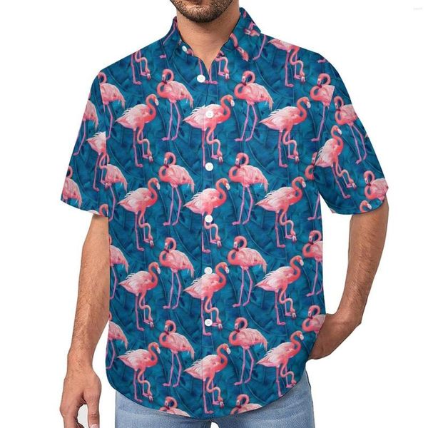 Camisas casuales para hombres Camisa de pájaros tropicales Flamencos Hojas Playa Blusas sueltas de estilo callejero hawaiano Camiseta de manga corta con gráfico de gran tamaño