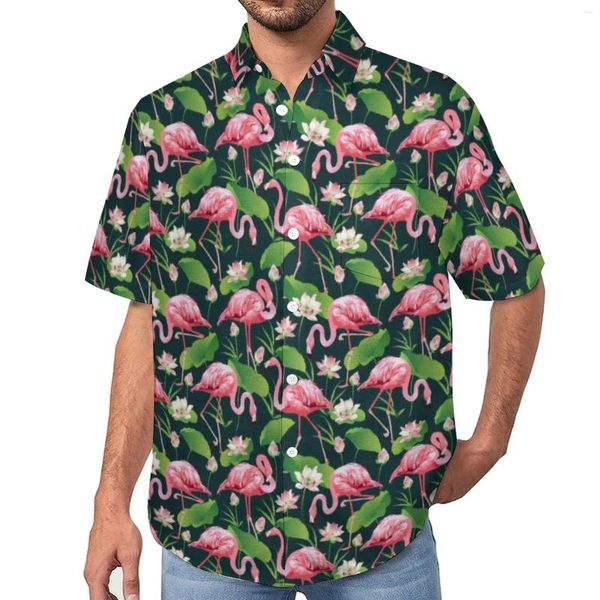 Chemises décontractées pour hommes Tropical Flamingo Birds Chemise lâche Mens Vacances Fleurs blanches Design à manches courtes Nouveauté Blouses surdimensionnées