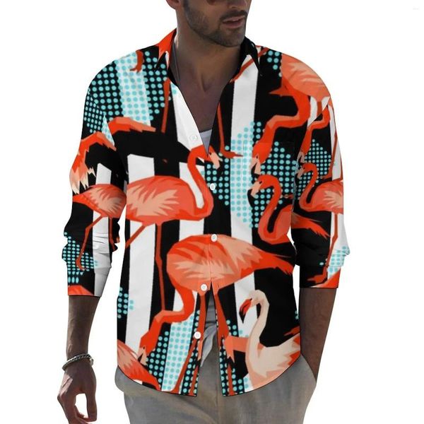 Chemises décontractées pour hommes Chemise flamant tropical imprimé rayé à manches longues graphique Y2K Blouses Automne Tendance Vêtements surdimensionnés