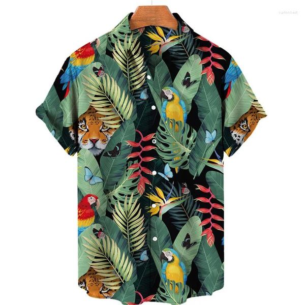 Chemises décontractées pour hommes Tropical Jungle Flamingo 3D Imprimer Chemise hawaïenne pour hommes Summer Street Manches courtes Tops Harajuku Bouton de revers Lâche