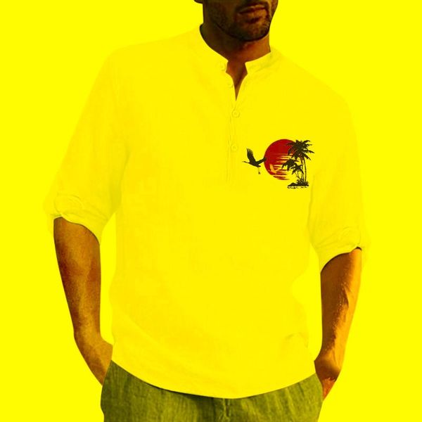 Camisas casuales para hombres Hombres tropicales Camisa Cuello Algodón Lino Impresión Moda Top Blusa suelta Manga larga Camisa de compresión Hombres
