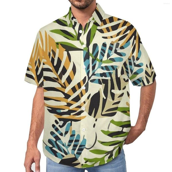 Camisas informales para hombre, camisa holgada de plantas tropicales, blusas de gran tamaño Vintage con estampado de hojas de vacaciones para hombre, blusas Vintage de manga corta con gráficos hawaianos