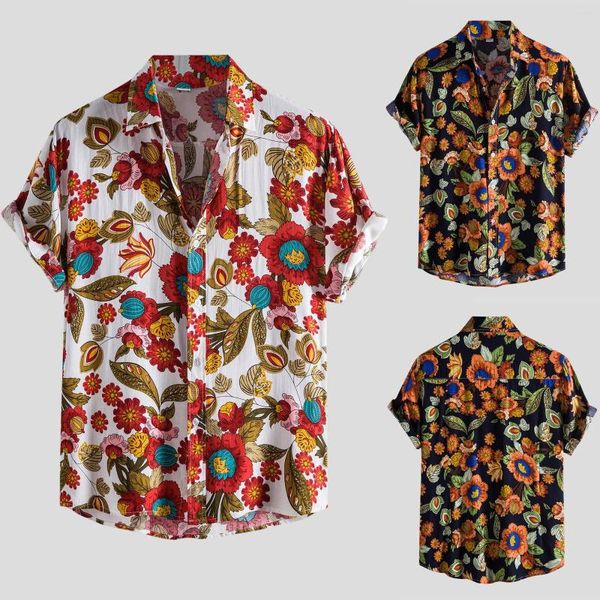 Chemises décontractées pour hommes Turn-down Floral Shirt Sleeve Collar Button Men's Hawaiian Short Men
