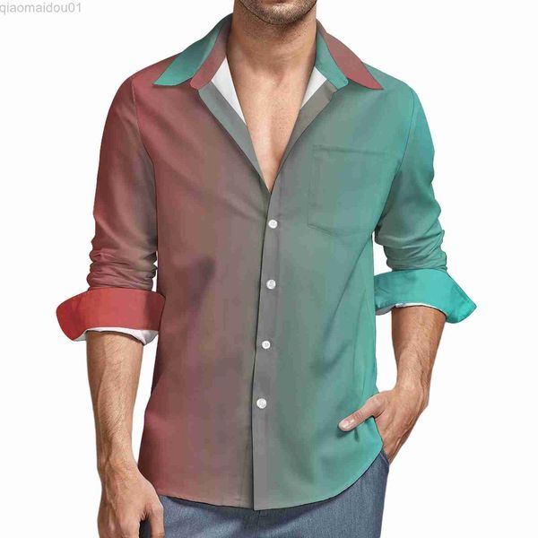 Camisas casuales para hombres Camisa de arte de dos tonos Hombre Camisas casuales rojas y azules Otoño Harajuku Blusas personalizadas Manga larga suelta Tops de gran tamaño Idea de regalo L230721