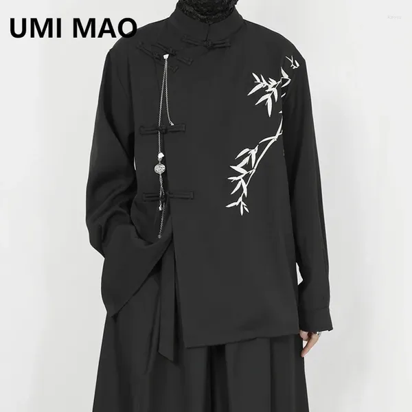 Chemises décontractées pour hommes Umi Mao Chemise d'automne chinois Bouton debout debout côté haut divisé en vrac brodé à manches longues