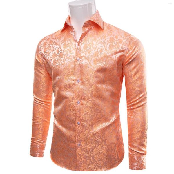 Chemises décontractées pour hommes Design unique Chemise en soie à imprimé floral orange pour homme d'affaires de mariage à manches longues à col rabattu costume quatre