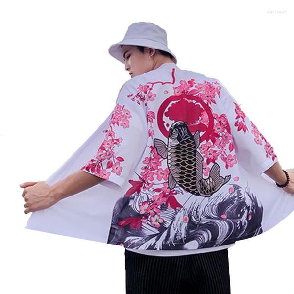 Chemises décontractées pour hommes unisexe femmes hommes vintage motif koi kimono style chinois manches lâches coton mâle hauts vêtements hommes eldd22