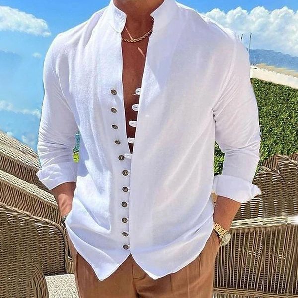Hommes chemises décontractées taille américaine homme ample à manches longues chemise 2023 été solide plage coton lin mélange col debout blanc