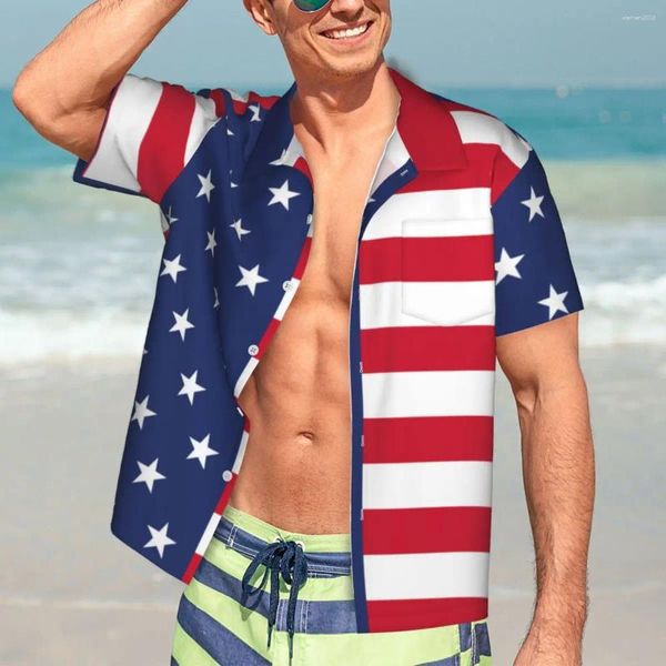 Chemises décontractées pour hommes Drapeau américain Demi-chemise Stars Stripes Vintage Hawaii Hommes Manches courtes Plage Mode coréenne Blouses surdimensionnées