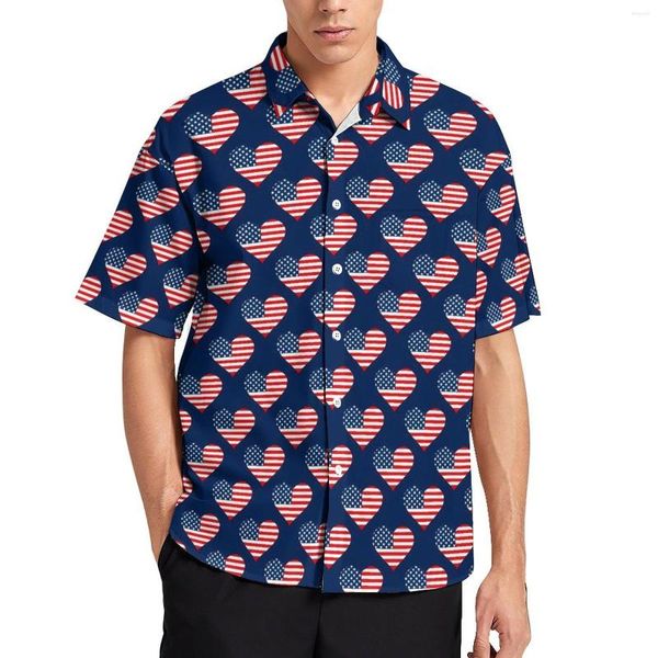 Camisas casuales para hombres Bandera de EE. UU. Corazones Patriótico Rojo Blanco Azul Camisa de playa Verano Blusas vintage Hombres Impreso Tallas grandes