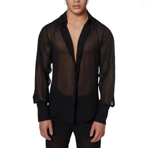 Heren Casual Shirts V-hals Heren Shirt Zwart Mesh Doorzichtig Met Lange Mouwen Sexy Single-breasted Blouse Voor Party Clubwear