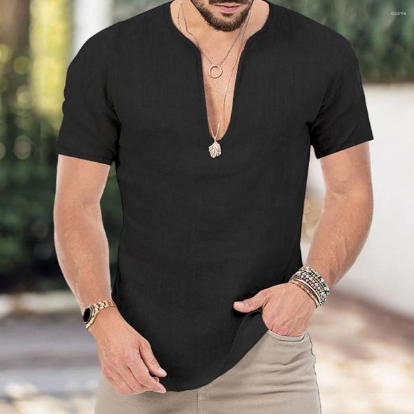 Camisas informales para hombre, camisa con cuello en V para hombre, ropa de playa elegante, camiseta ajustada para verano, Jersey, Top en colores sólidos, 3 años