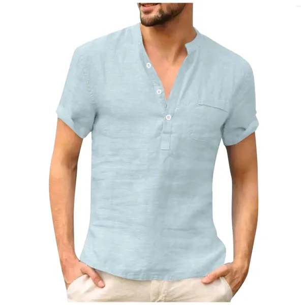 Chemises décontractées pour hommes col en V printemps été affaires coton lin couleur unie bouton à manches courtes avec poches poitrine