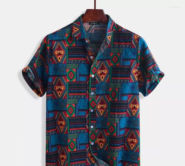 Camisas informales para hombre, Top a rayas de vacaciones, botón de playa, camiseta azul de verano, camiseta estampada de manga corta para hombre, ropa de moda para hombre