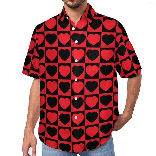 Camisas informales para hombre, camisa de corazones de San Valentín, blusas holgadas de calle hawaianas negras y rojas para la playa, blusas de manga corta con gráfico de gran tamaño