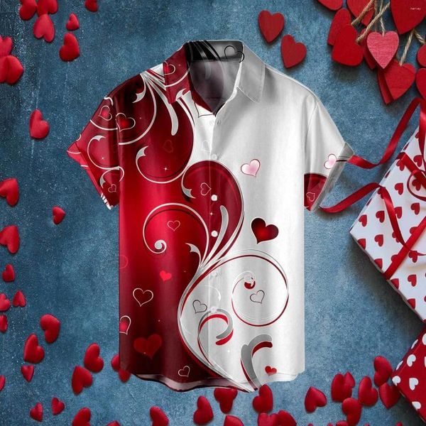 Camisas casuales para hombres Día de San Valentín Impreso Vacaciones Camiseta de manga larga corta para hombres Camisa Ling pequeña para hombres