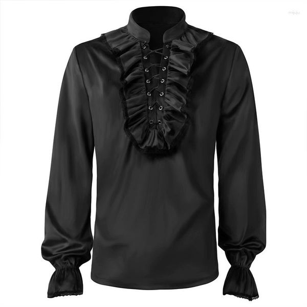 Camisas informales para hombre, camisa con volantes de terciopelo, Top Medieval, Cosplay de vampiro pirata, negro, rojo, Retro, Steampunk, gótico, disfraz de fiesta de Halloween