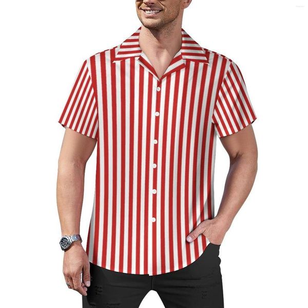 Camisas informales para hombre, camisa holgada de rayas rojas verticales para hombre, playa, líneas blancas, estampado, patrón hawaiano, mangas cortas, blusas de gran tamaño Y2K