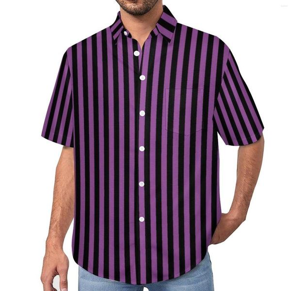 Camisas informales para hombre, blusas de Halloween a rayas verticales para hombre, líneas negras moradas, camisa hawaiana de manga corta elegante de gran tamaño para playa, regalo