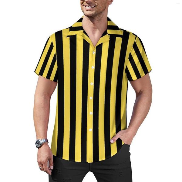 Camisas informales para hombre, camisa holgada de rayas verticales, blusas extragrandes Y2K de manga corta personalizadas de verano en negro y amarillo para vacaciones