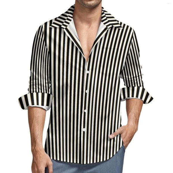 Camisas informales para hombre, camisa a rayas verticales para hombre, líneas blancas y negras, blusas de diseño de estilo callejero de primavera, ropa de gran tamaño fresca de manga larga