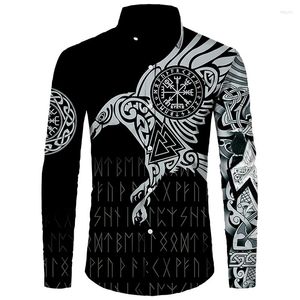 Mannen Casual Shirts Viking De Raaf Van Tattoo 3D Print Mannen Shirt Retro Harajuku Revers Dichtgeknoopt Streetwear Lange mouw Tops Vest