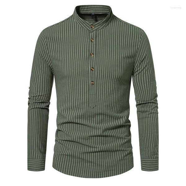 Chemises décontractées pour hommes Vintage armée vert coton Henley chemise hommes 2023 marque Slim Fit à manches longues rayé travail quotidien hauts décontractés Blouses XXL