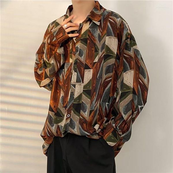 Camisas informales para hombre, ropa Vintage, camisa de manga larga con estampado de diseño suelto, empalme geométrico de talla grande, ambiente de otoño, ropa elegante para hombre Aense