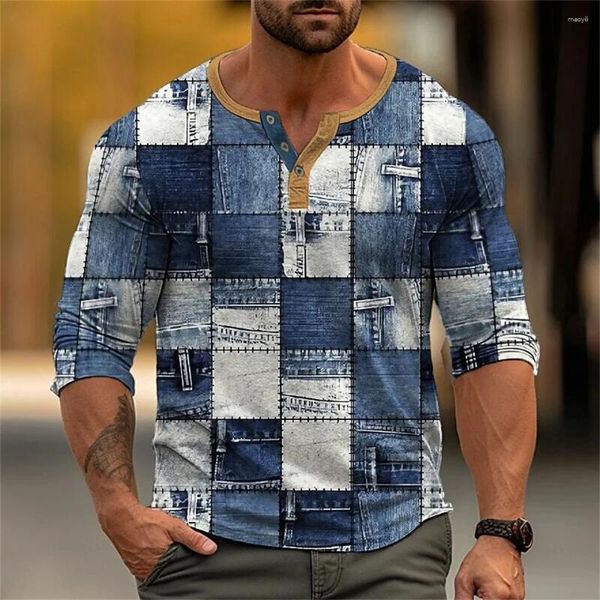 Chemises décontractées pour hommes Bloc de couleur vintage patchwork 3d Imprimé Henley Fashion boutonné à manches longues T-shirt Tops Vêtements