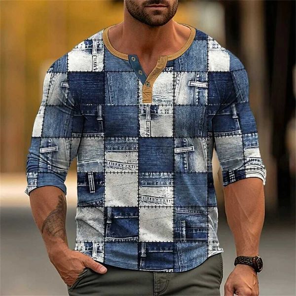 Chemises décontractées pour hommes Bloc de couleur vintage patchwork 3d imprimé Henley Mens Mode boutonné à manches longues T-shirt Tops Vêtements 240416