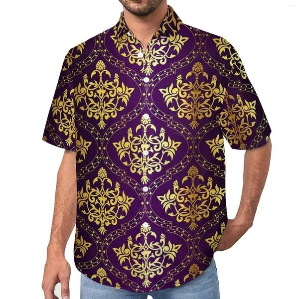 Camisas casuales para hombres Vintage Damasco Camisa suelta Vacaciones masculinas Púrpura y oro Hawaii Custom Manga corta Street Style Blusas de gran tamaño