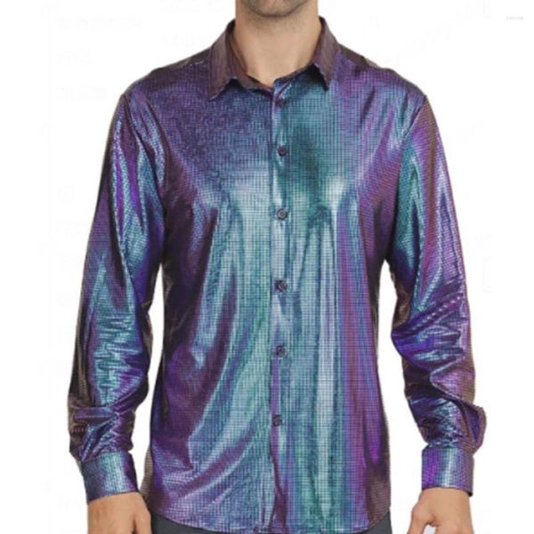 Chemises décontractées pour hommes Vintage Disco Party et chemisiers Gold Stamping Laser Simple Boutonnage à manches longues Coloré Dégradé Chemise Vêtements