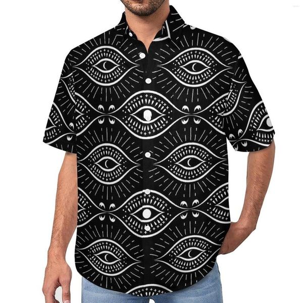 Camisas informales para hombre, camisa Vintage con diseño de mal de ojo, blusas holgadas hawaianas de playa en blanco y negro, ropa de gran tamaño estampada de manga corta