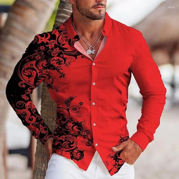 Camisas casuales para hombres Moda vintage Manga larga para hombres Camisa de gran tamaño Botón con estampado de flores Top Ropa para hombre Playa Blusa de alta calidad