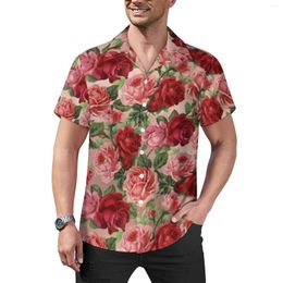 Vrijetijdsoverhemden voor heren Vintage overhemd met bloemenprint Elegante rode rozen Vakantie Losvallend Hawaiiaans Y2K-blouses Korte mouw Op maat gemaakte oversized top