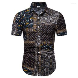 Camisas informales para hombre, camisa Vintage Floral para hombre, Chemise Homme 2023, moda Paisley hawaiana para hombre, vestido de manga corta de algodón Linne para hombre