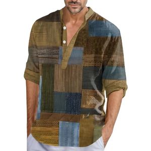 Casual overhemden voor heren, vintage voor heren, Hawaiiaanse overhemden, patchwork, 3D-bedrukt, camisas, V-hals, oversized tops met lange mouwen, streetwear, mannelijk henley-shirt, tees 231020