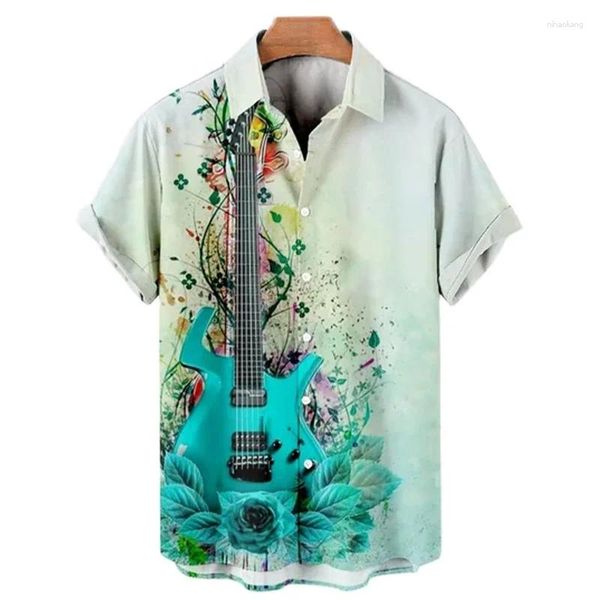 Camisas casuales para hombres guitarra gráfica de guitarra vintage ropa 3d música impresa símbolo de manga corta camisa de la solapa de moda hawaiana