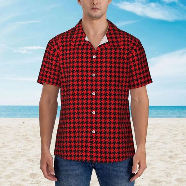 Camisas casuales para hombres Camisa de playa de pata de gallo vintage Hombres negro y rojo Diseño de manga corta hawaiano Blusas sueltas de gran tamaño Regalo