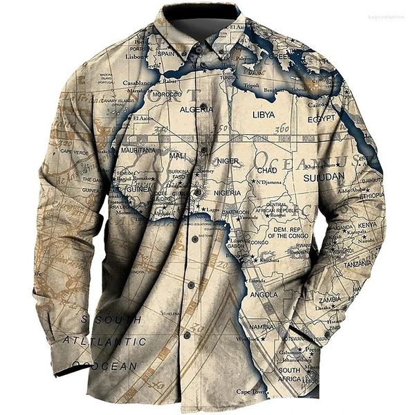 Camisas casuales para hombres patrón de mapa vintage estampado otoño otoño un solo pecho camisa de manga larga tendencia tendencia tops ropa para hombres